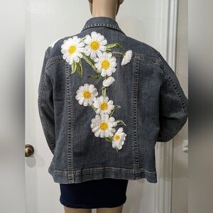 UPCYCLED One of a Kind Denim Jacket with SunFlower Appliques CHICO Sz 3 (16-18)